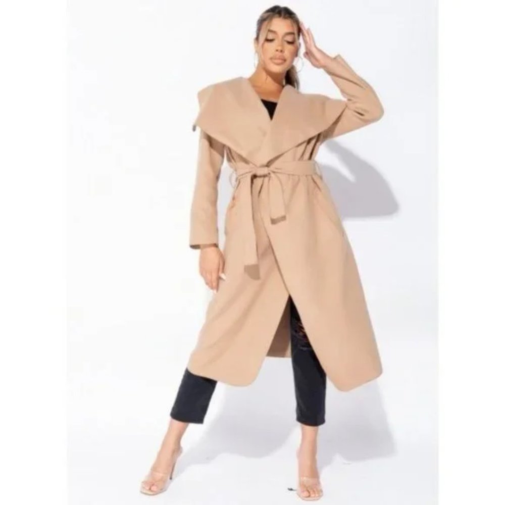 1 DAY SALE! Camel Wool Blend Oversized Belted Long Maxi Waterfall Collar Coat - Picture 9 of 9